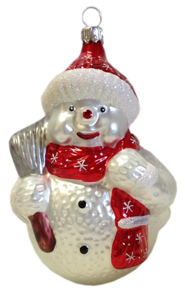 Snowman with Broom, red scarf with snowflakes by Old German Christmas