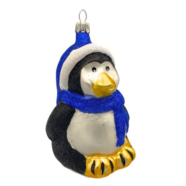 Penguin, black glitter with blue scarf by Old German Christmas