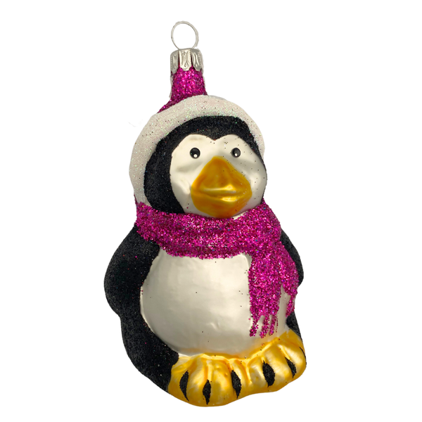 Penguin, black glitter with pink scarf by Old German Christmas