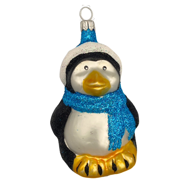 Penguin, black glitter with turquoise scarf by Old German Christmas