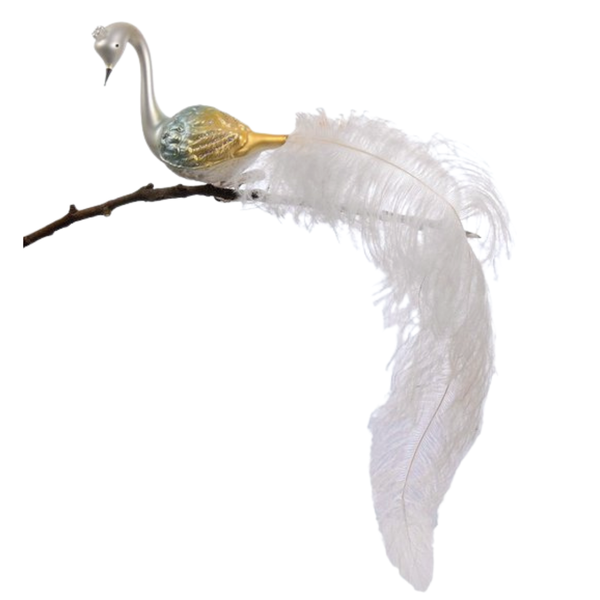 Large Swan with White Plume, White, Blue and Gold with Crown Ornament by Glas Bartholmes