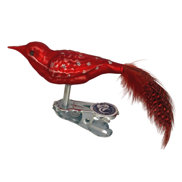 Mini Bird, red with red feather tail by Glas Bartholmes