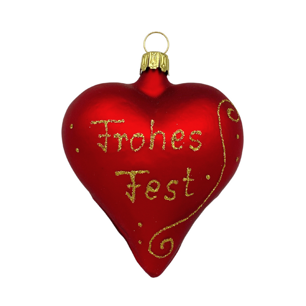Heart Ornament, red, "Frohes Fest" by Glas Bartholmes