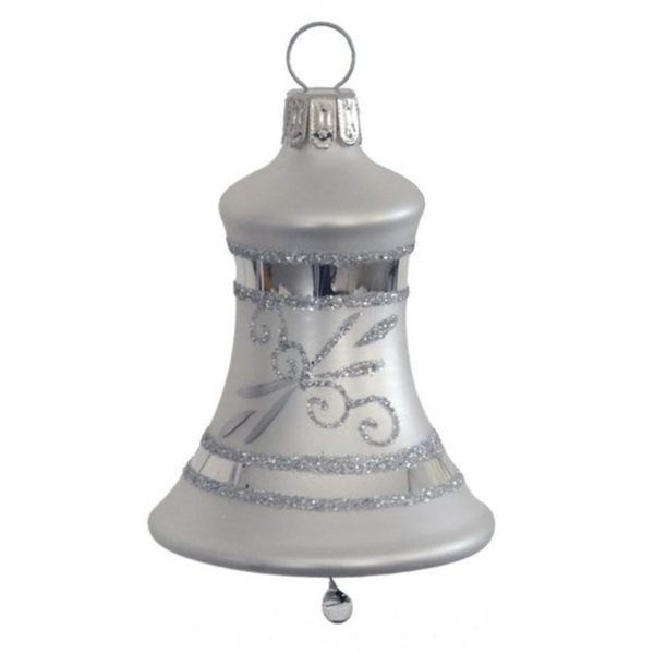Capped Bell Ornament, small, white with silver by Glas Bartholmes