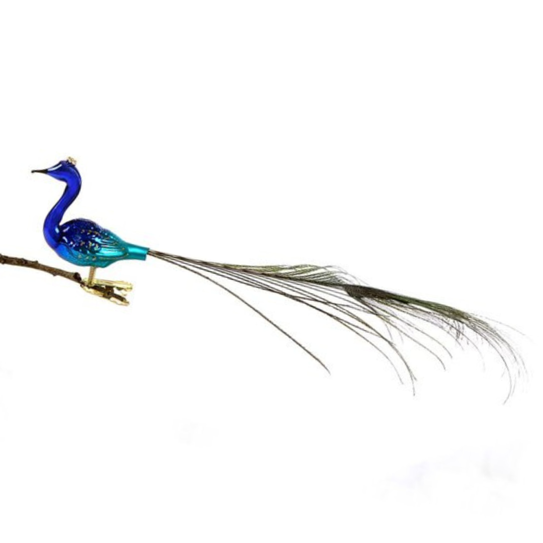 Peacock with Crown and Real Feather Ornament by Glas Bartholmes