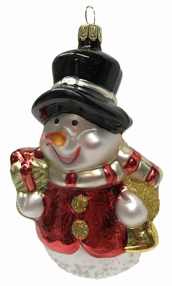 Snowman with Bell and Package Ornament by Glas Bartholmes