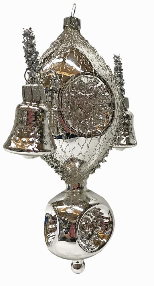 6 cm Olive with Ball, 6 reflector, 3 Bell, Wound, Silver Ornament by Glas Bartholmes