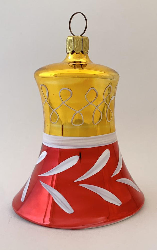 Bell, 7cm, branch and swirl, red and gold by Glas Bartholmes