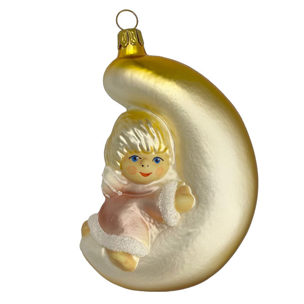 Baby on Moon Ornament, pink by Glas Bartholmes