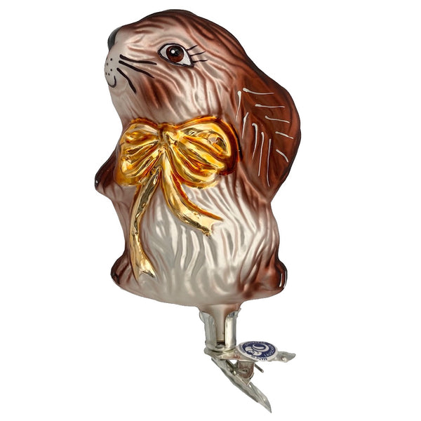 Bunny Rabbit with bow on clip, brown by Glas Bartholmes