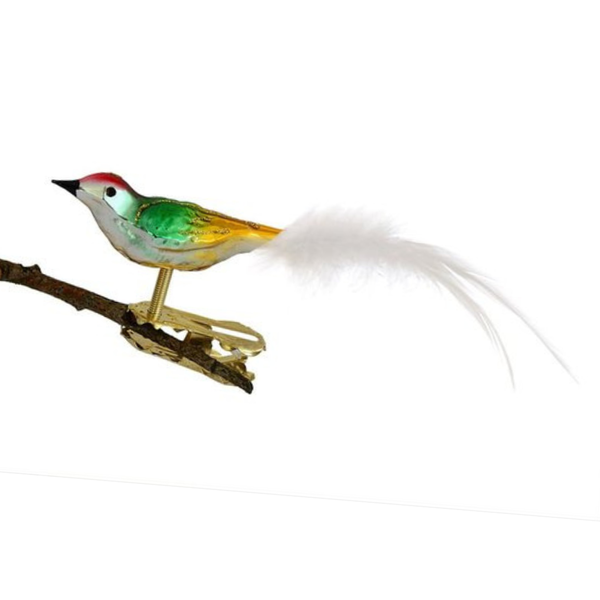 Mini Bird with feather tail, gold, green and red by Glas Bartholmes