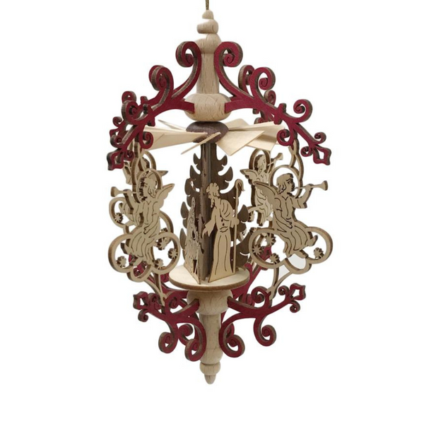 Scroll and Trumpeting Angel Frame with Nativity, Hanging Pyramid by Harald Kreissl