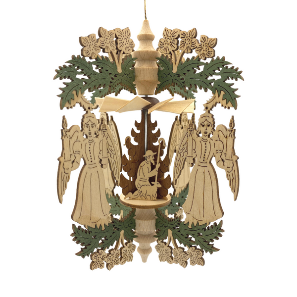 Candle bearing Angel Frame with Holy Family Motif Pyramid Ornament by Harald Kreissl