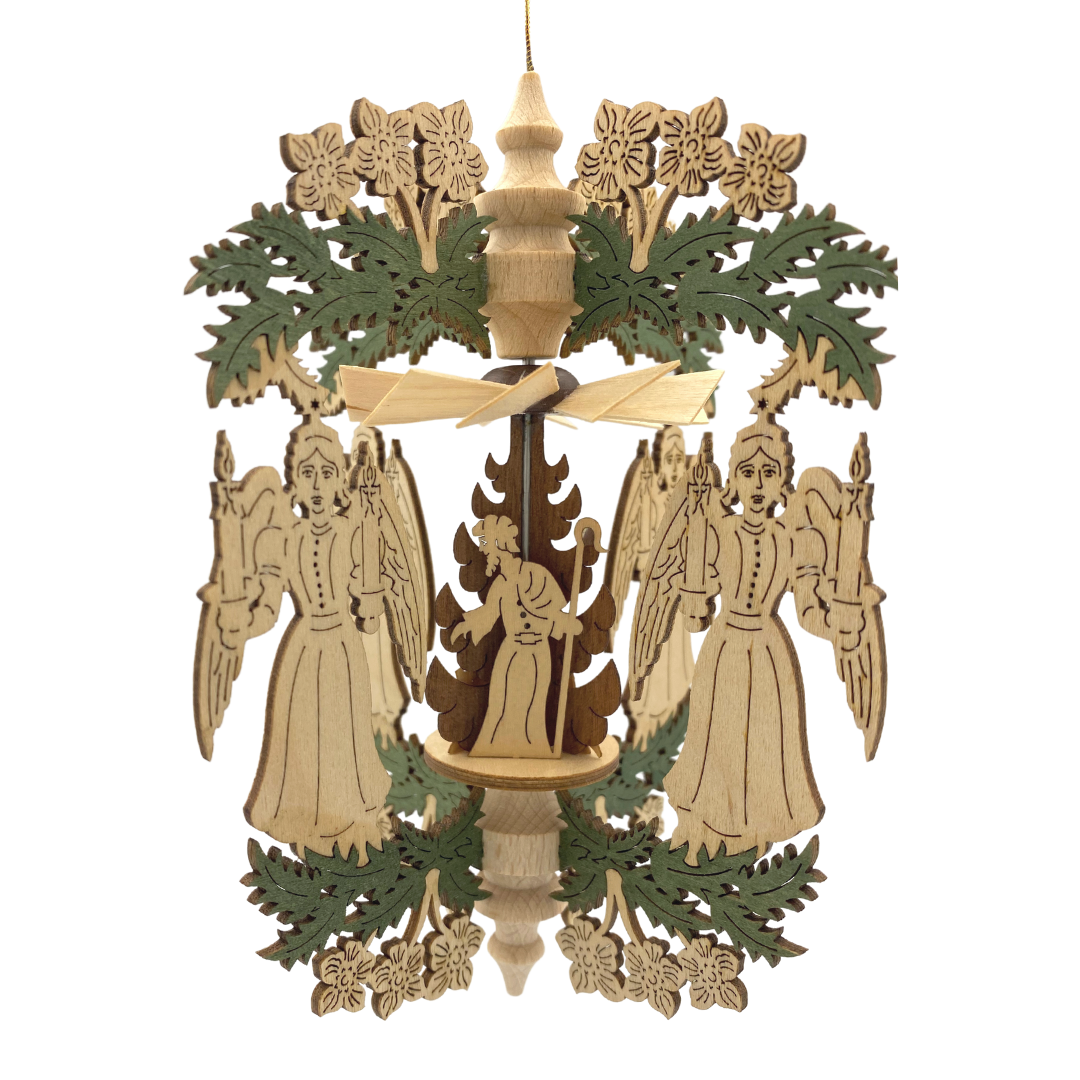 Candle bearing Angel Frame with Holy Family Motif Pyramid Ornament by Harald Kreissl