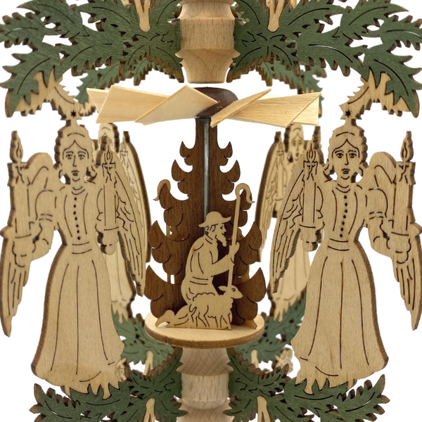 Candle bearing Angel Frame with Holy Family Motif Pyramid Ornament by Harald Kreissl