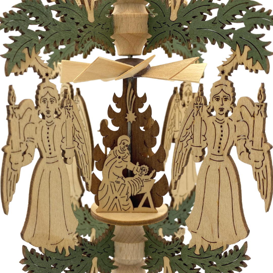 Candle bearing Angel Frame with Holy Family Motif Pyramid Ornament by Harald Kreissl