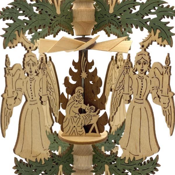 Candle bearing Angel Frame with Holy Family Motif Pyramid Ornament by Harald Kreissl