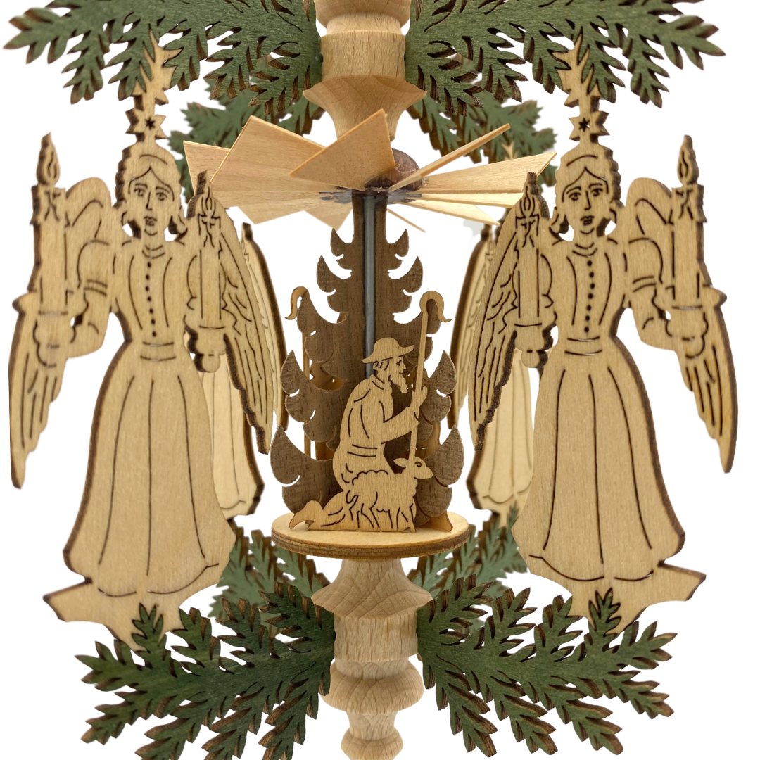 Candle bearing Angel Frame with Nativity Motif Pyramid Ornament by Harald Kreissl