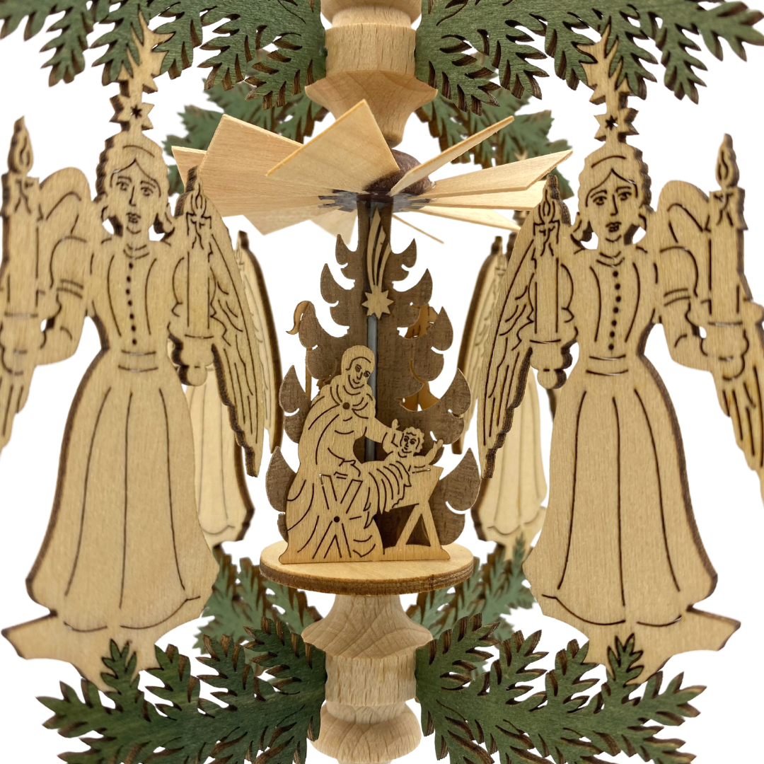 Candle bearing Angel Frame with Nativity Motif Pyramid Ornament by Harald Kreissl