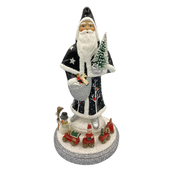 Santa in Cloak, Papier Mache Figure, black with white trim by Ino Schaller