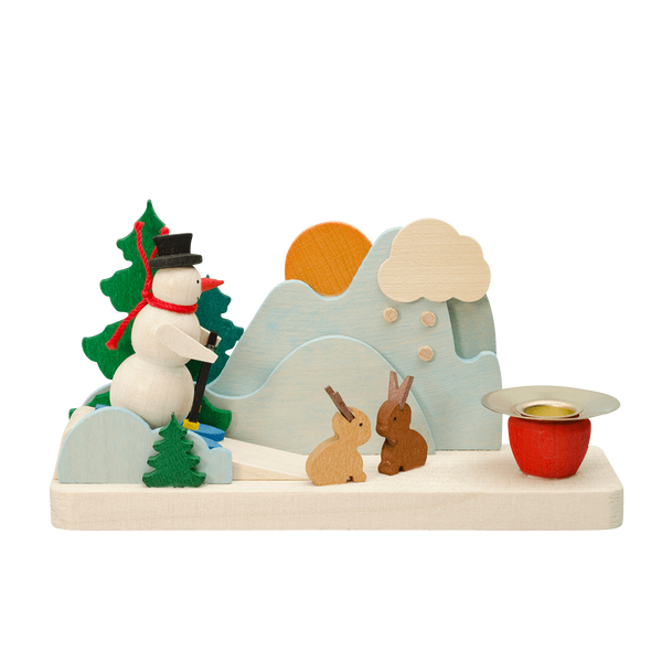 Candle holder, Snowman with rabbit by Graupner Holzminiaturen