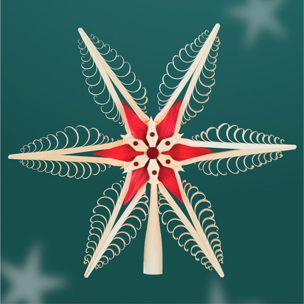 Wooden Star Tree Topper, 32 cm with red star center by Martina Rudolph