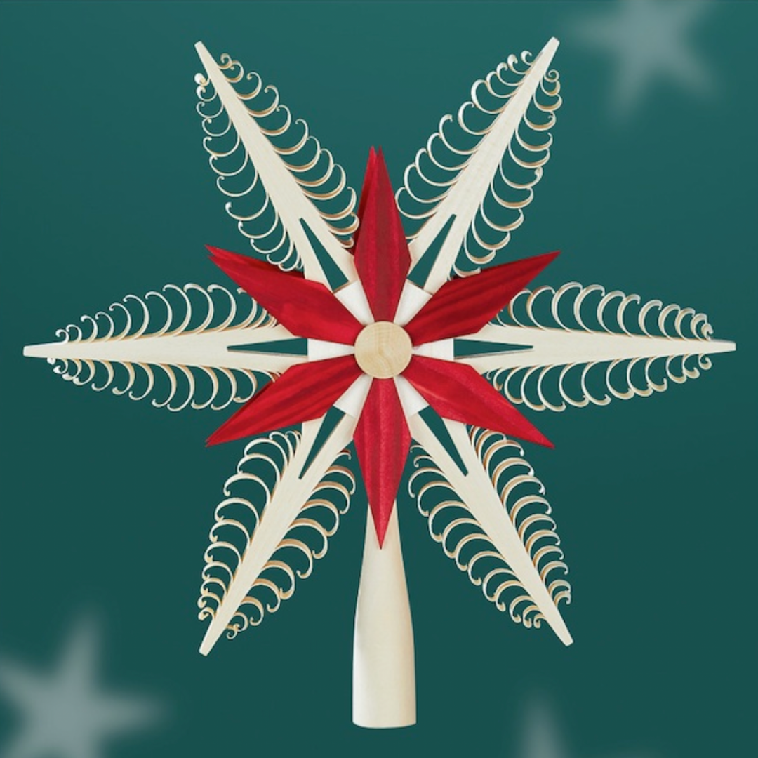 Wooden Star Tree Topper, 24cm with red star center by Martina Rudolph