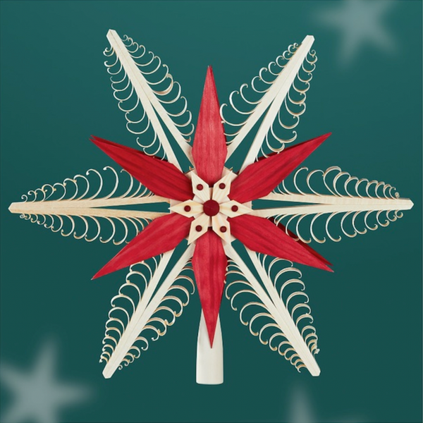 Wooden Star Tree Topper, 32 cm with large red star center by Martina Rudolph