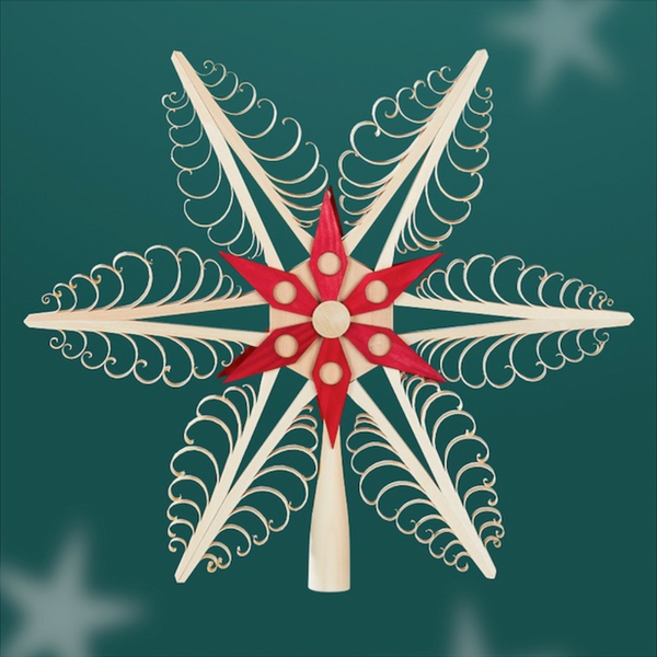 Wooden Star Tree Topper, 32cm with perforated red star center by Martina Rudolph