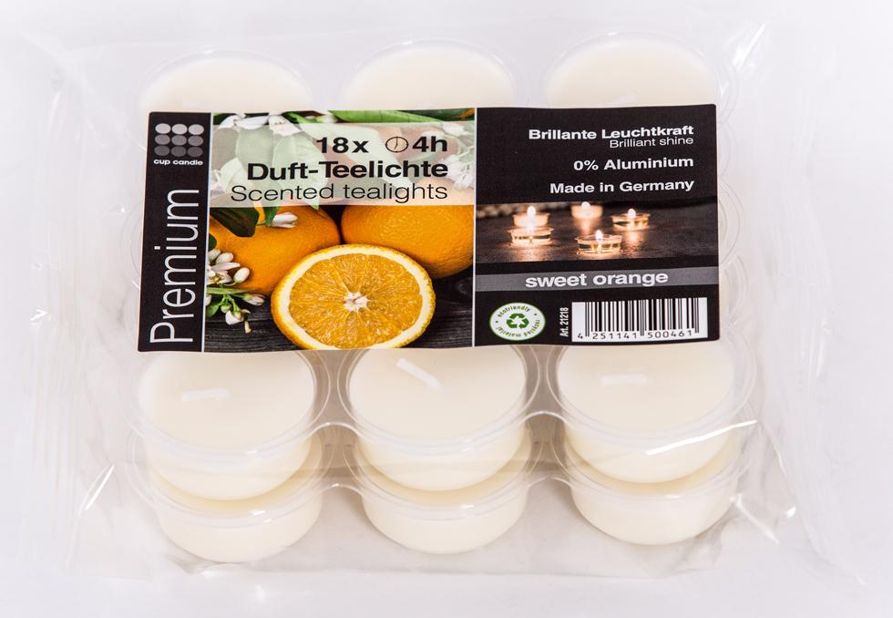 Sweet Orange Tealight Candles, Pkg of 18 by Cup Candle GmbH in Greven, Germany