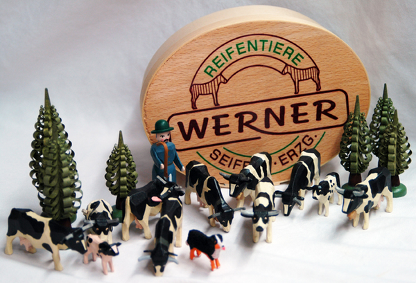 19 Piece Herd of Black & White Cows by Reifendrehwerk Christian Werner in Seiffen
