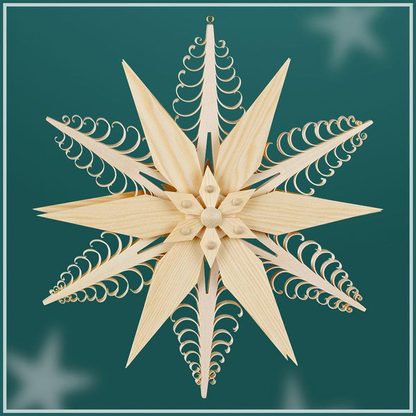 Wooden Star Wall Ornament, 6 curl trees, large star center, natural by Martina Rudolph