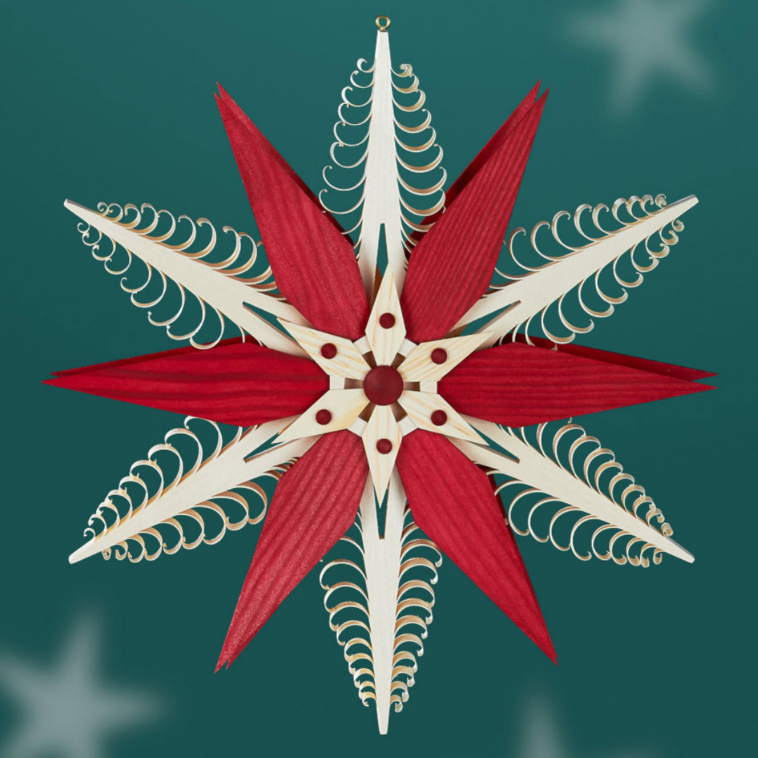 Wooden Star Wall Ornament, 6 curl trees, large star center, natural and red by Martina Rudolph