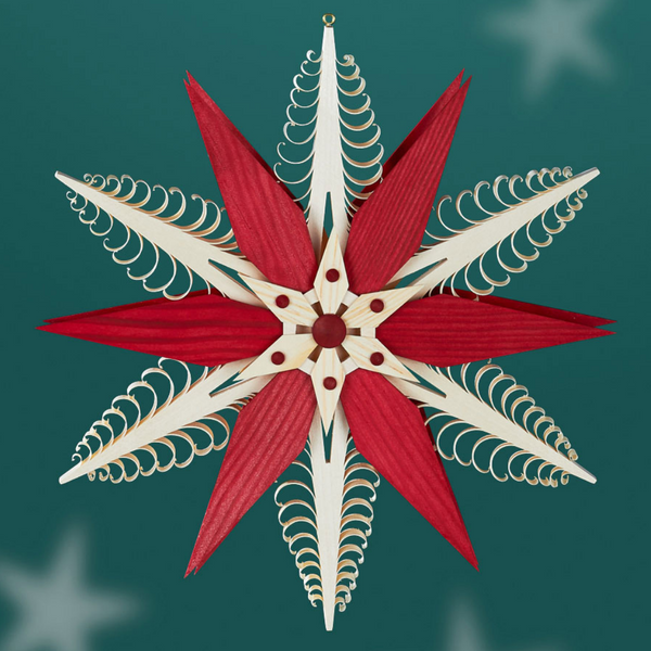 Wooden Star Wall Ornament, 6 curl trees, large star center, natural and red by Martina Rudolph