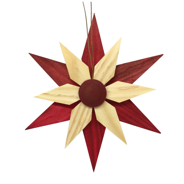 Double Pine Star Ornament, 11cm, natural and red by Martina Rudolph