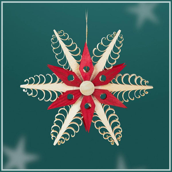 Curled Wood Star Ornament, 6 flat trees, red star center by Martina Rudolph