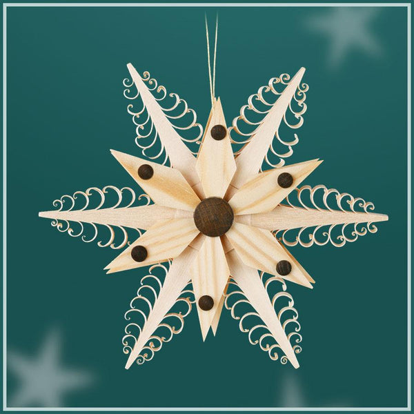 Curled Wood Star Ornament, 6 flat tees, natural star center, dark accents by Martina Rudolph