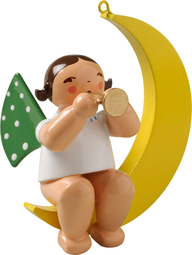 Angel with Small Trumpet on Moon Hanging Wooden Ornament by Wendt and Kuhn
