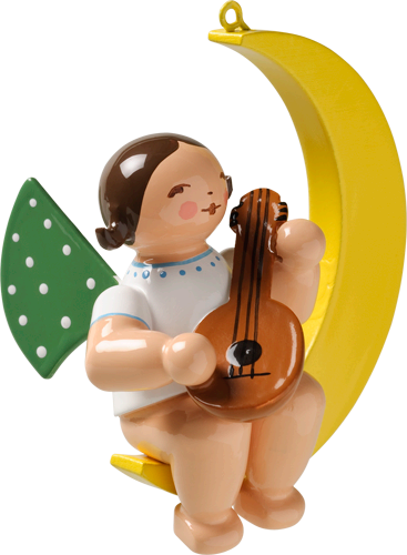 Angel with Mandolin on Moon Hanging Wooden Ornament by Wendt and Kuhn