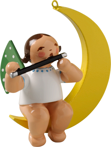 Angel with Flute on Moon Hanging Wooden Ornament by Wendt and Kuhn