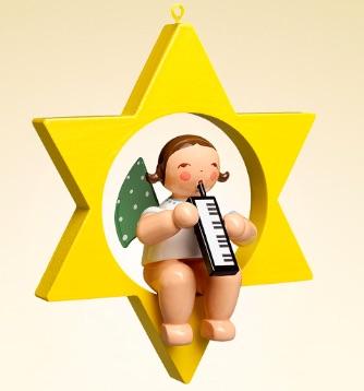 Angel with Melodica on Star Hanging Wooden Ornament by Wendt and Kuhn