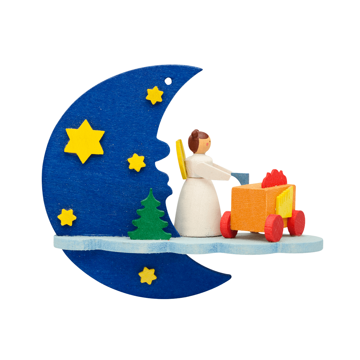 Angel on Moon with Barrel Organ Ornament by Graupner Holzminiaturen