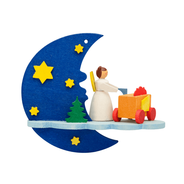 Angel on Moon with Barrel Organ Ornament by Graupner Holzminiaturen