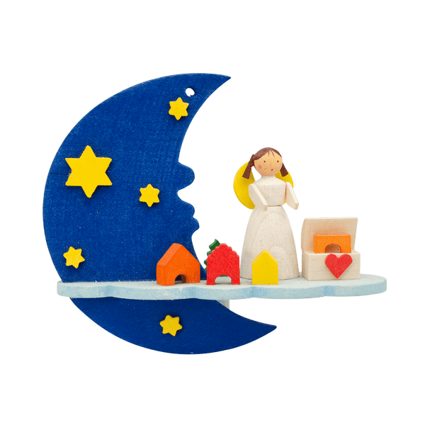 Angel on Moon with Toybox Ornament by Graupner Holzminiaturen