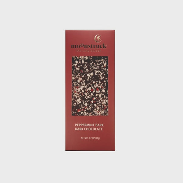 Dark chocolate peppermint bark packaging with 'Moonstruck' branding on a light gray background