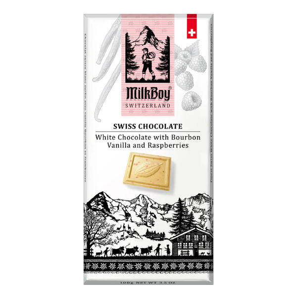 Milkboy White Chocolate with bourbon Vanilla and Raspberries