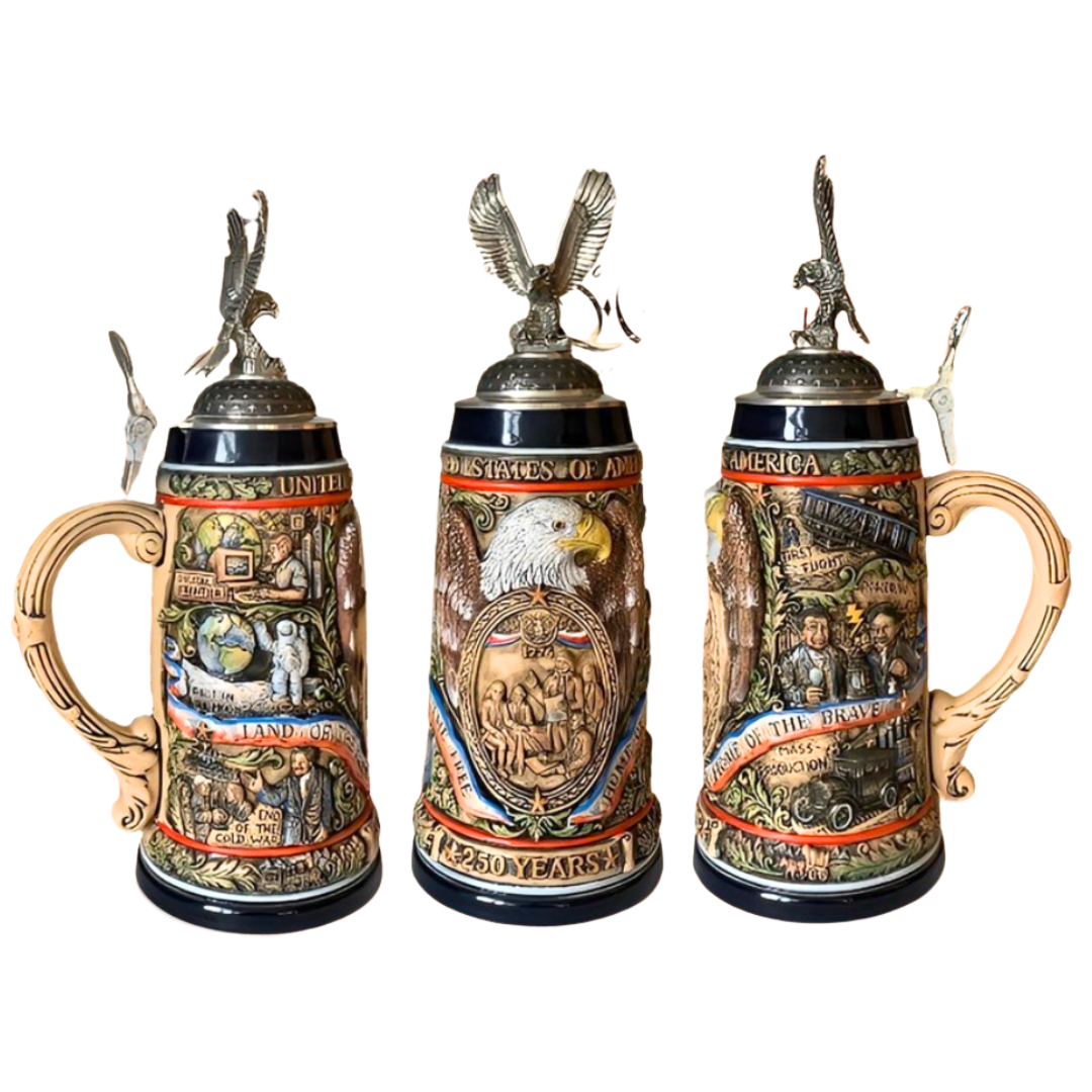 America's 250th limited edition beer stein. Intricate engravings include historic features such as walk on the moon, computer age, end of Cold War, signing Declaration of Independence, first flight and more. A red, white and blue ribbon around the stein declares 