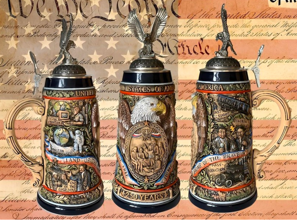 Three decorative beer steins with intricate designs on a background resembling a historical document.