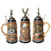 America's 250th limited edition beer stein. Intricate engravings include historic features such as walk on the moon, computer age, end of Cold War, signing Declaration of Independence, first flight and more. A red, white and blue ribbon around the stein declares "Land of the Free, Home of the Brave" with 250 YEARS carved in base. A pewter American Eagle adorns the pewter lid.