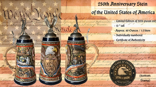 Three Stein mugs with detailed designs on a background featuring the American flag and text about the 250th Anniversary of the United States.